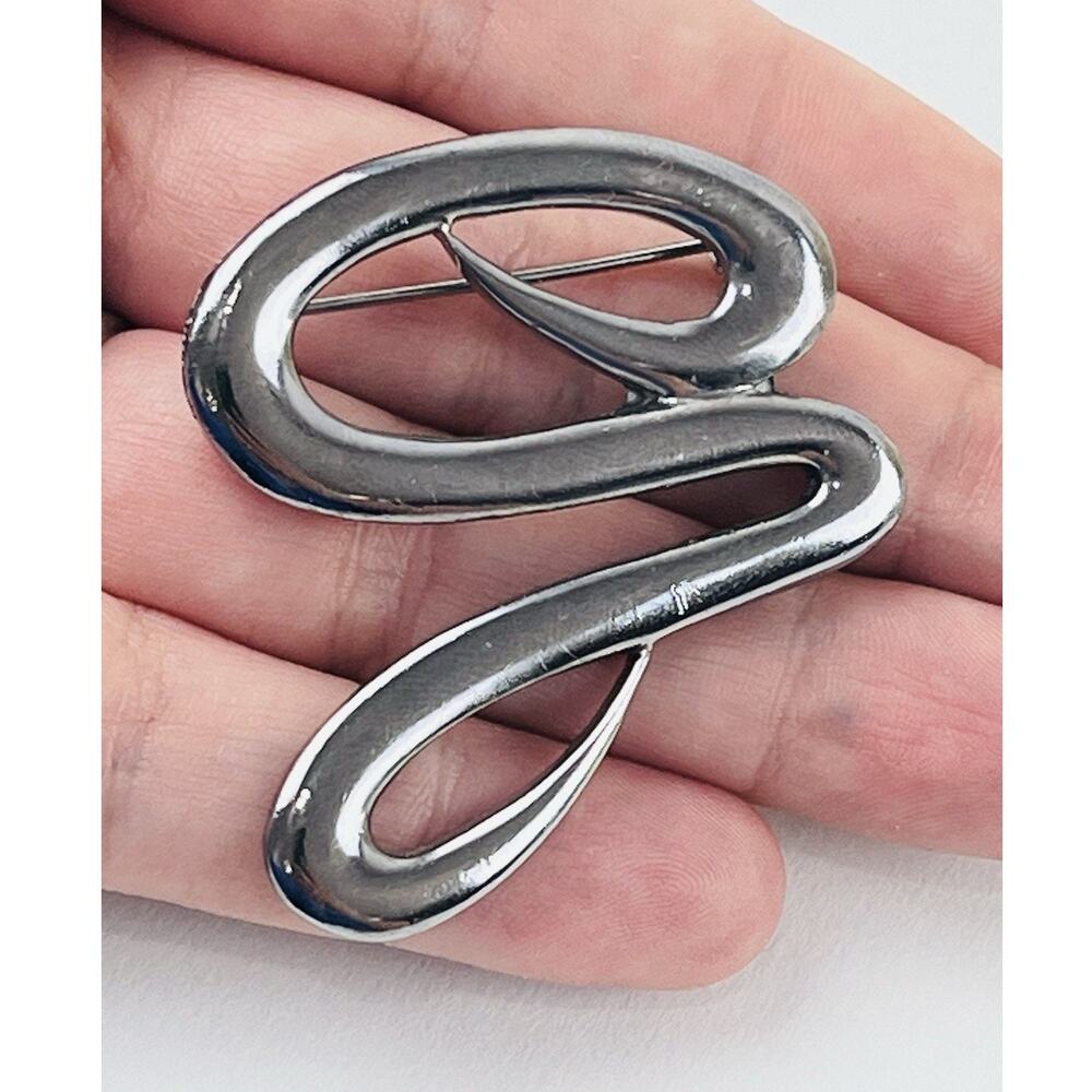 Vintage Signed M. Jent Silver Tone Abstract Serpent Modernist Geometric Brooch